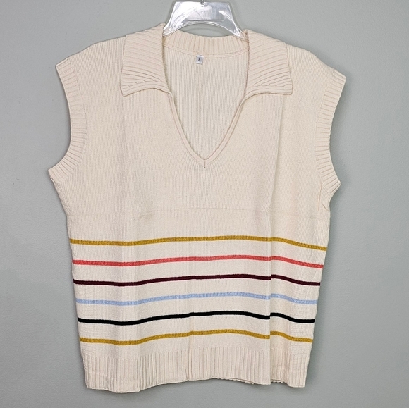 Women's V-Neck Cap Sleeve Oversized Collared Sleeveless Striped Sweater Vest - Picture 2 of 7